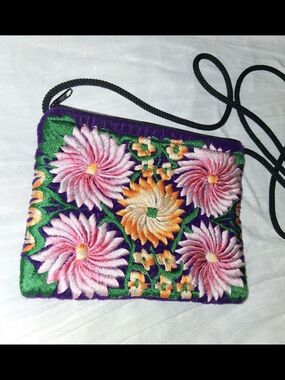 Purple Floral Embroidered Crossbody Bag with Black Strap